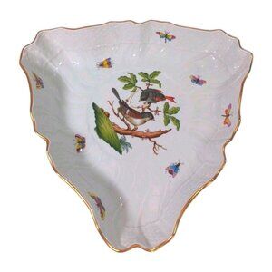 Herend Rothschild Bird Basketweave Hand Painted Triangular Bowl Dish, 10" 1191